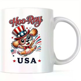 11oz Patriotic Dog Coffee Mug - Cute USA Themed Ceramic Cup with "HOO' RAY" Design, Microwave Safe, Double-Sided