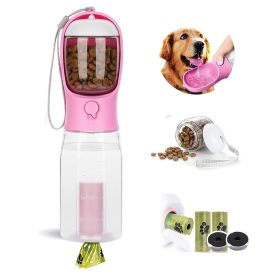 3 in1 Dog Outdoor Water Bottle, Portable Water Dispenser with Food Container, Poop Bag, Carbon Filter, Leak Proof (Color: Pink)