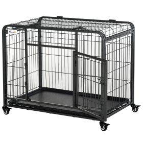 PawHut Folding Design Heavy Duty Metal Dog Cage Crate & Kennel with Removable Tray and Cover, & 4 Locking Wheels, Indoor/Outdoor 37" (Color: as Pic)
