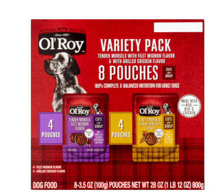 Ol' Roy Cuts in Gravy Wet Dog Food Variety Pack, Tender Morsels Filet Mignon Flavor and Tender Morsels Grilled Chicken Flavor, 3.5 oz (8 Pack) (Ol' Roy: Ol' Roy)